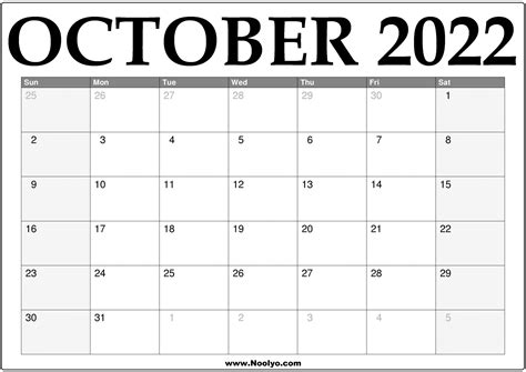 Calendar October 2022 Editable